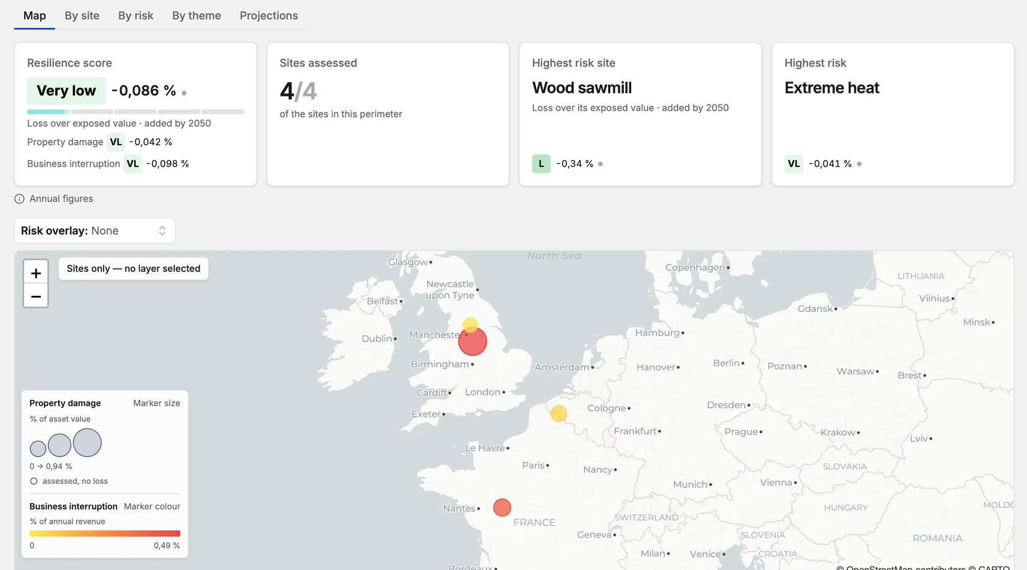 Darwin platform: the resilience score of a company’s sites under an SSP scenario at 2050, with the highest-risk site and hazard, and each site mapped by property damage and business interruption.